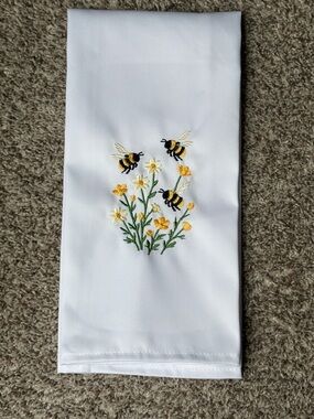 Embroidered Bee & Flower Kitchen Towel - White with Yellow Accents